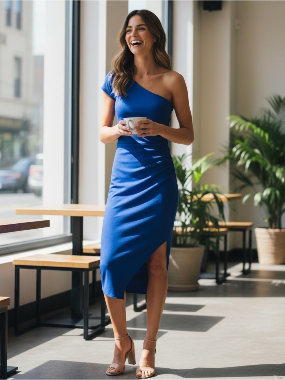 SUSAN MONACO Sz L Blue One Shoulder MIDI Dress!